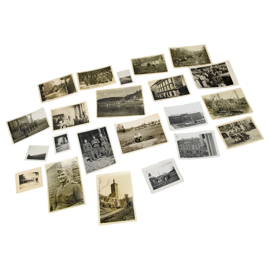 Set of German WWII Wehrmacht Soldier Photographs: A set of small-format snapshot photographs depicting German soldiers in uniform, including group portraits, a close-up portrait of a smiling NCO wearing a garrison cap and decorations, and informal im