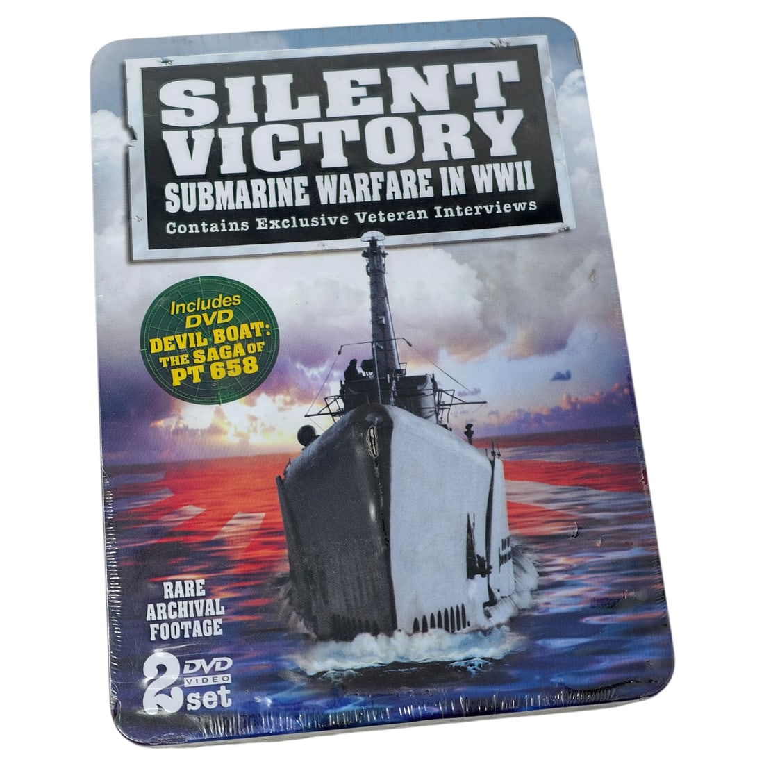 "Silent Victory: Submarine Warfare in WWII" DVD Documentary Set: A two-disc DVD documentary set housed in a collectible tin case, covering submarine warfare during the Second World War and featuring veteran interviews and archival footage. The tin case front is ill