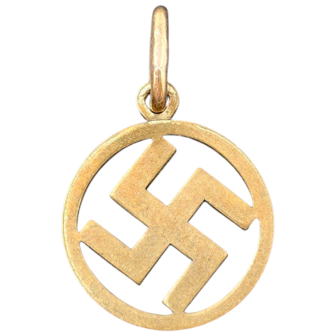 German Third Reich Swastika Pendant: Early Circular Swastika PendantA small round pendant in a piece, pierced with an open swastika design centered within a plain circular border. A round suspension loop tops the piece. No maker's marks 