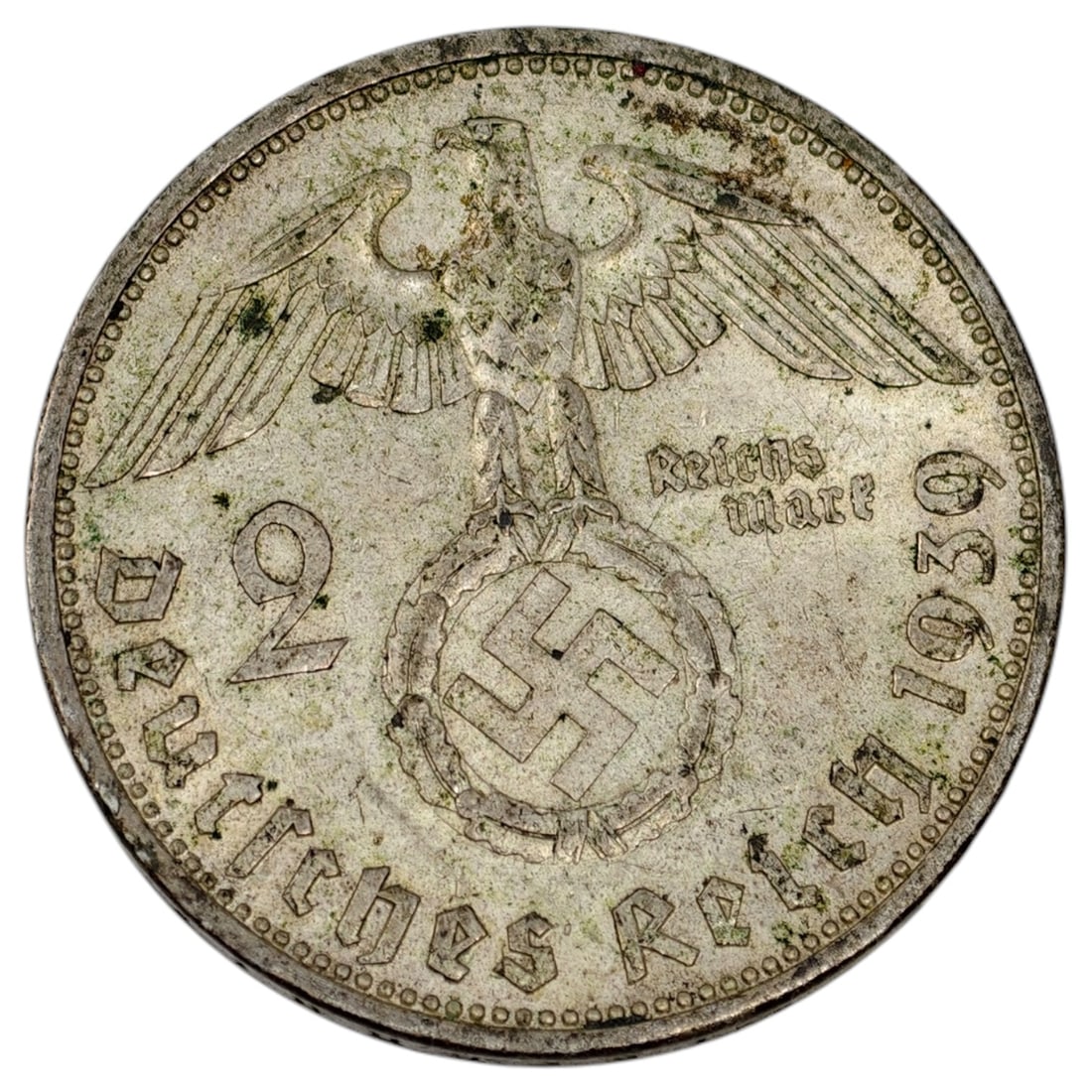 German 2 Reichsmark Coin, 1937: A silver-colored 2 Reichsmark coin dated 1937, inscribed "Deutsches Reich" with an eagle standing above a wreathed emblem. The opposite face carries a left-facing portrait with the inscription "Paul v