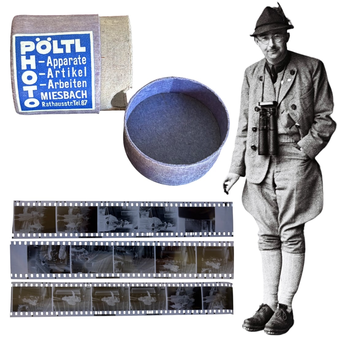Heinrich Himmler - Original Unpublished Photograph Negatives of Hunting Trip with Karl Wolff: A film canister together with a set of original unpublished black-and-white negative strips depicting Heinrich Himmler and Karl Wolff at the Valepp Concentration Camp Subcamp Jagdhaus during a hunting