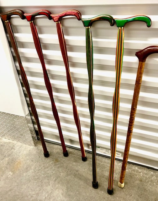 Assorted Walking Canes: 6 Walking Canes - 5 are colorful turned woodone is carved wood