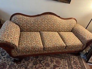 Vintage Duncan Phyfe Sofa: Vintage Duncan Fife Sofa - Neoclassical Lines RARE Vintage Duncan Phyfe Sofa Purchased in 1947. Reupholstered in 1981 to original time period. Custom Upholstered Sofa with fine intricate floral hand c