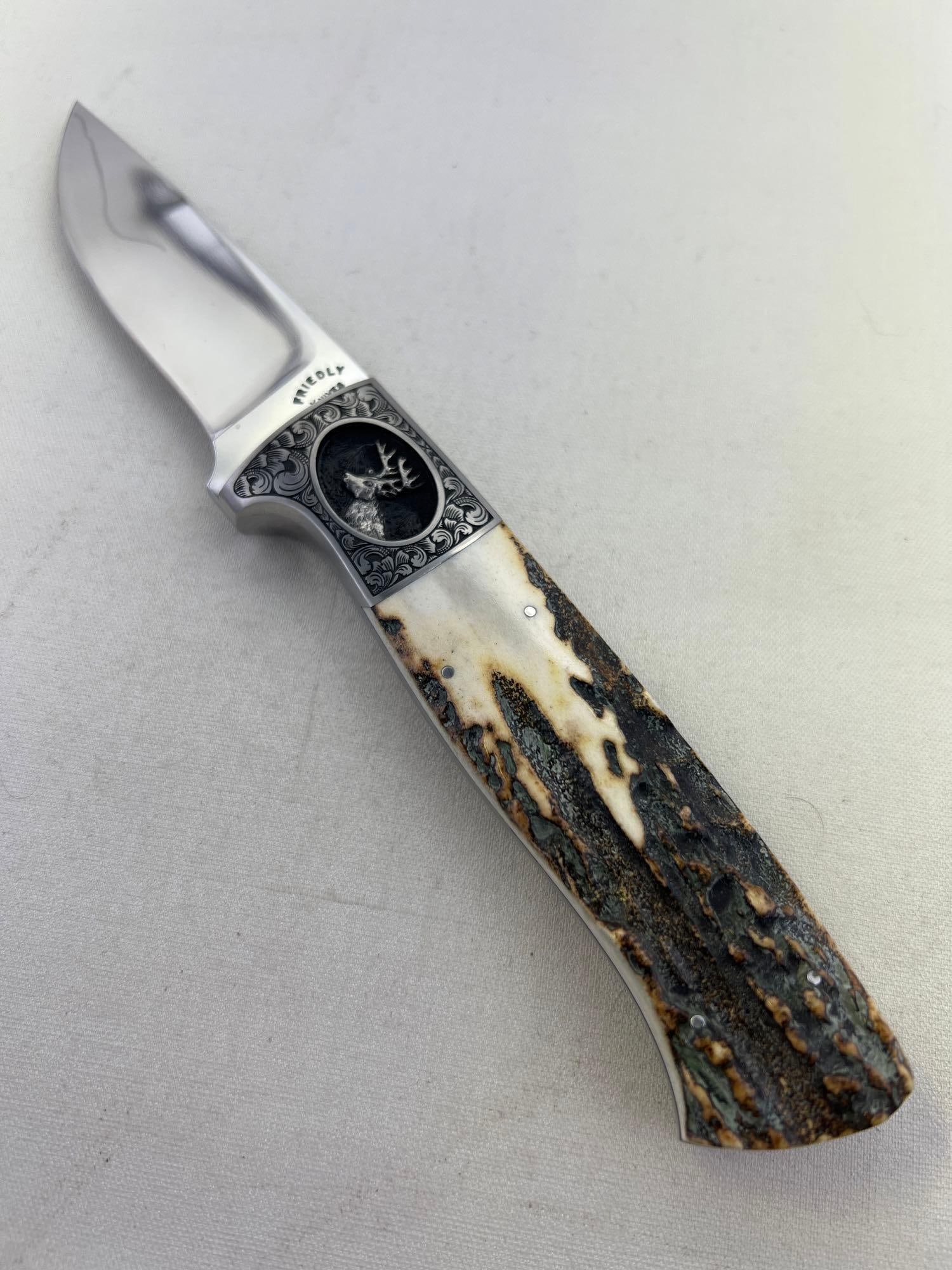 Made by Dennis Friedly: Blade Length: 3 3/8 inches Handle Length: 4 3/4 inches<