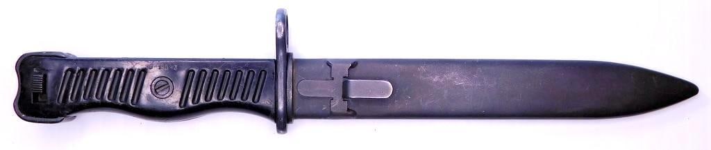 Yugoslavia 1956 Zastava M56 Sub Machine Gun Bayonet and Scabbard: Double edged blued steel blade measures 7/8 inches wide by 6 3/4 inches long. The parkerized steel scabbard measures 1 inch wide by 7 1/16 inches long. Reverse side is numbered 36-191-3. Pair of black