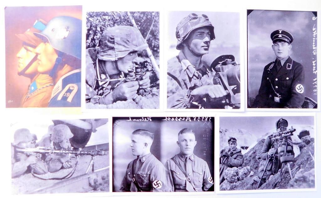German WWII Waffen SS Soldier Post Cards, Seven (7): The images show combat soldiers in uniform. Printed on thick paper card stock. Measure 4 1/4 inches wide by 5 1/2 inches tall.
