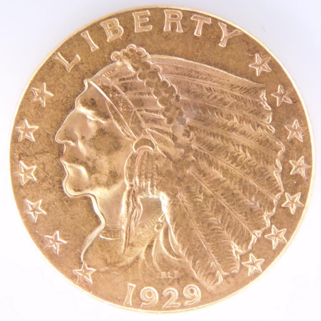 1929 Indian Head Gold $2.50 Quarter Eagle Coin: Stunning U.S. gold coin Lots of detail remains in feathers as shown Lightly circulated, it is in that great of condition Straight from the estate safe to here Do not miss out