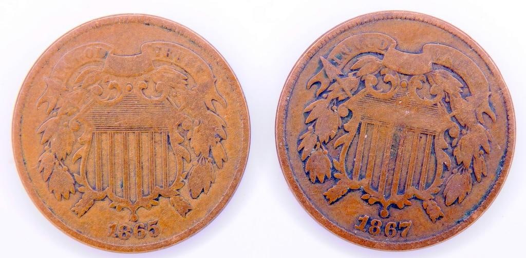 1865 and 1867 U.S. 2 Cent Coins (1 of 4)