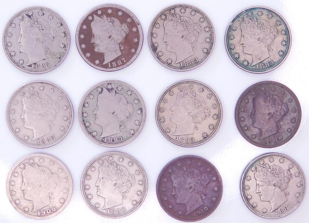 U.S. V Nickel Coins, (12): 1883-1910 1883 has (8) pieces Cent is 1910 All twelve for one money Lots of value