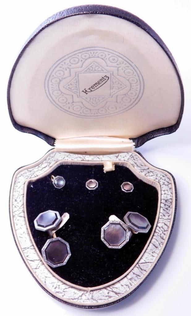 Krementz Mother of Pearl Art Deco Tuxedo Shirt Stud Set and Cufflinks, 5pcs w/Box (1 of 10)