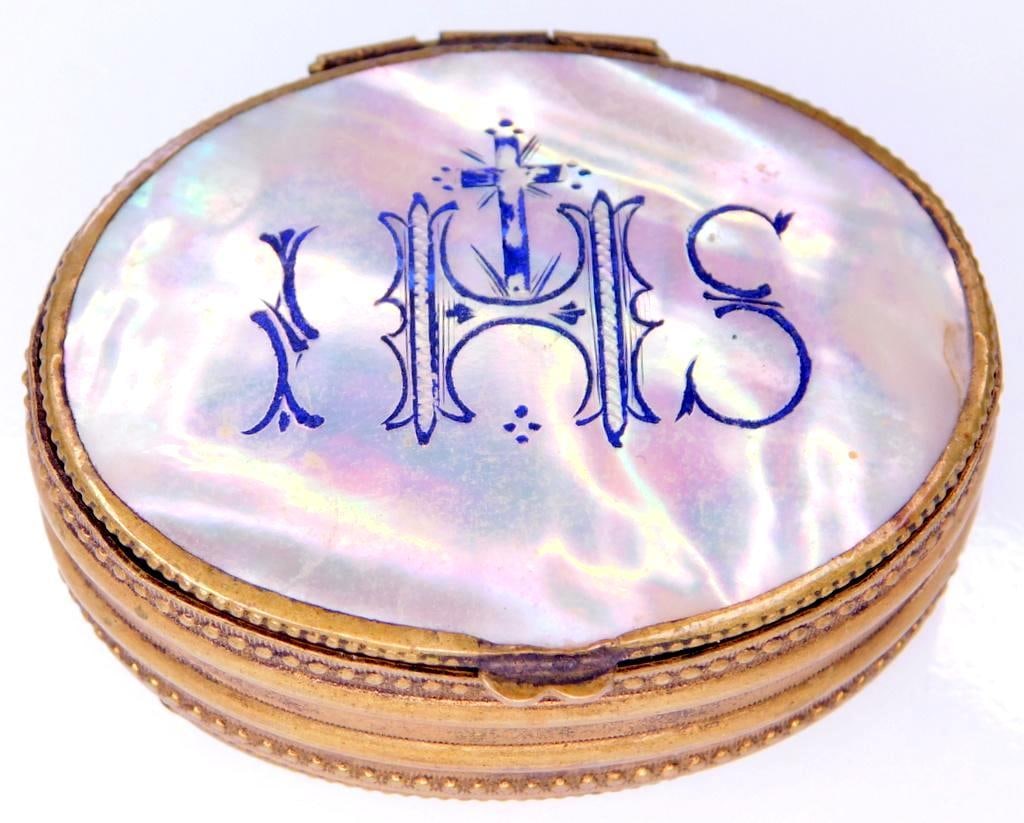 Mother of Pearl Pill Box: MOP religious pill box Crucifix with Monogram as shown 2 inches Wide So beautiful