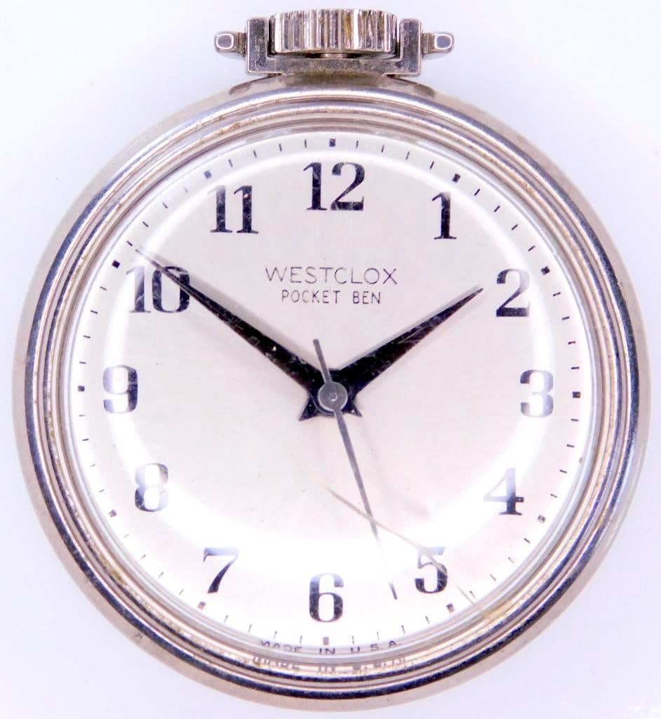 Westclox Pocket Ben Pocket Watch: Keeps time, however sweep hand does not move Good condition, has scratch in plastic crystal as shown Nice non-precious metal case Kept time for us for a few hours, not sure how many hour/days it goes 