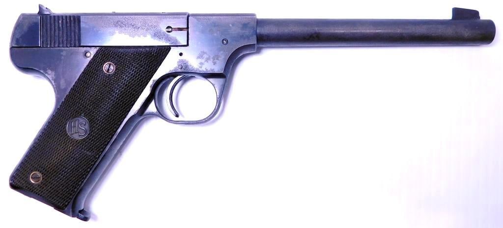 Hi-Standard Model B .22LR Caliber Semi-auto Pistol: Accurate pistol, circa 1940 In overall good condition as photographed Blued finish as surface wear as shown, view all photos for the best idea of condition Checkered synthetic grip panels marked HS ar