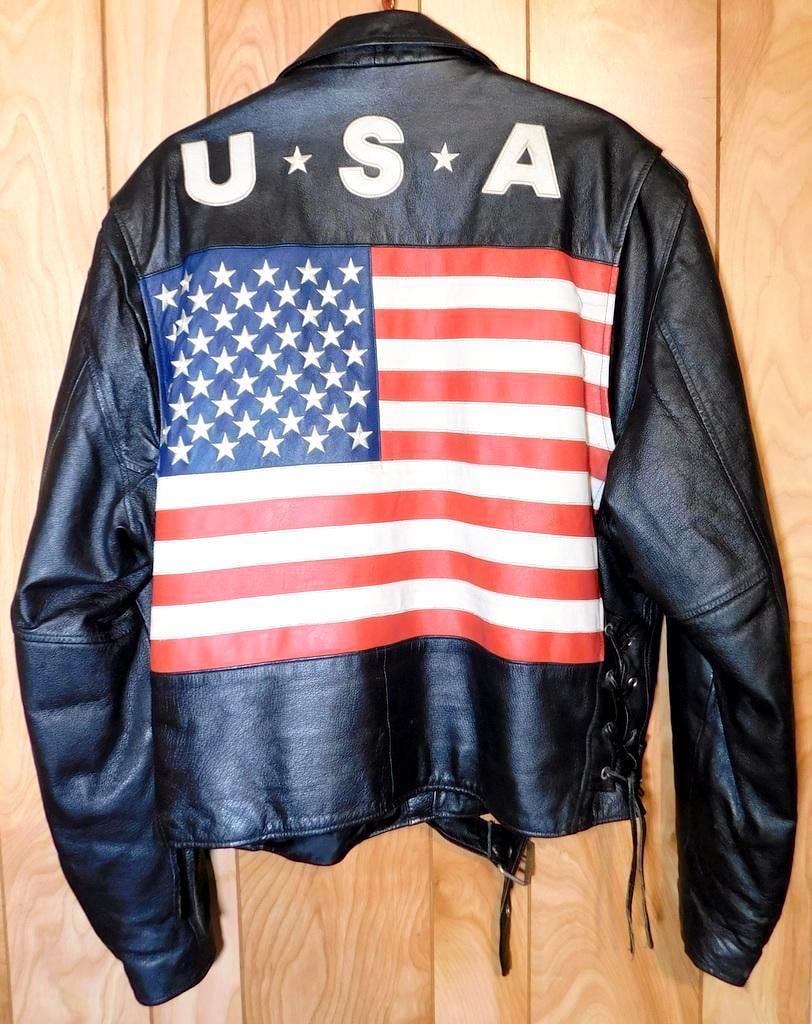 Vintage Vilanto Men's Black Leather American U.S.A. Flag Motorcycle Jacket (1 of 12)