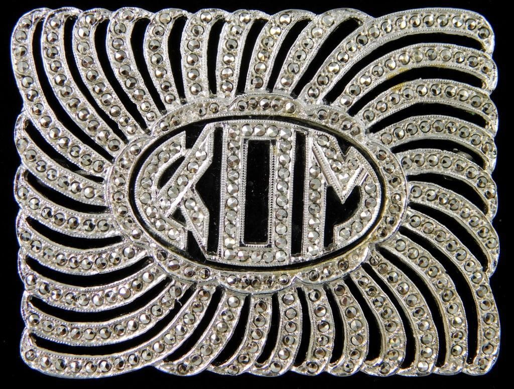 Vintage Pinback Moissanite Brooche: Shiny monogrammed jewelry Stamped Sterling on reverse as shown In possibly original case 1 3/4 inches W 14.2 dwt