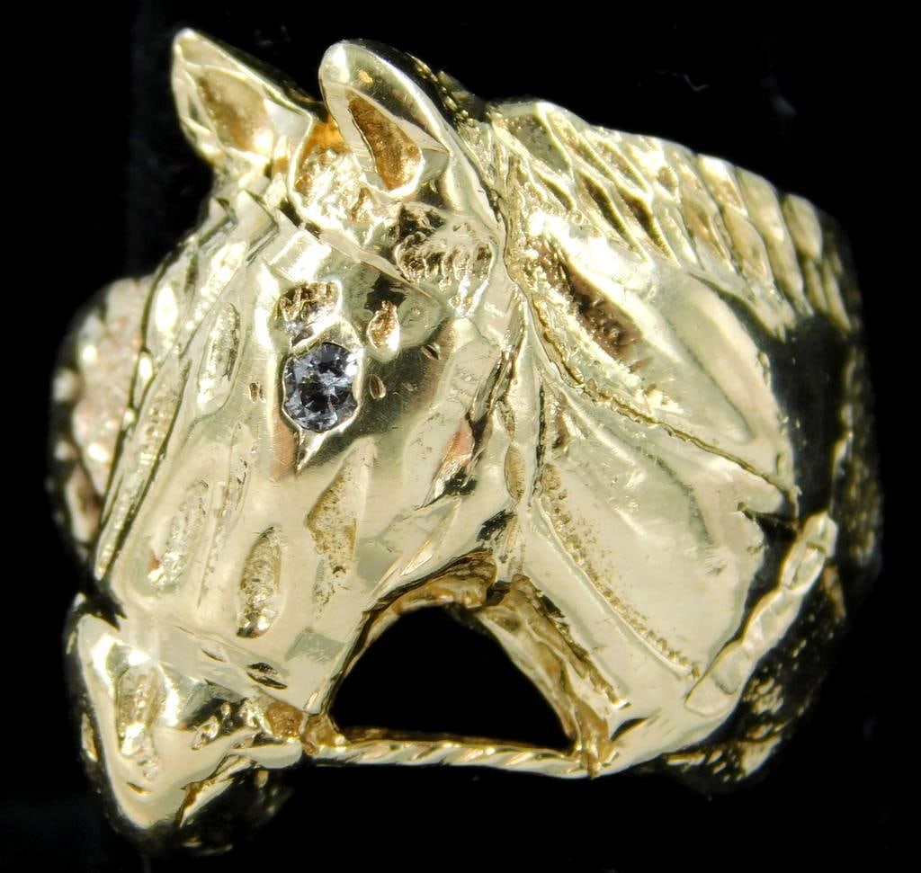 Diamond Horse Head Ring, Vintage Animal Jewelry 14K Yellow Gold (1 of 7)