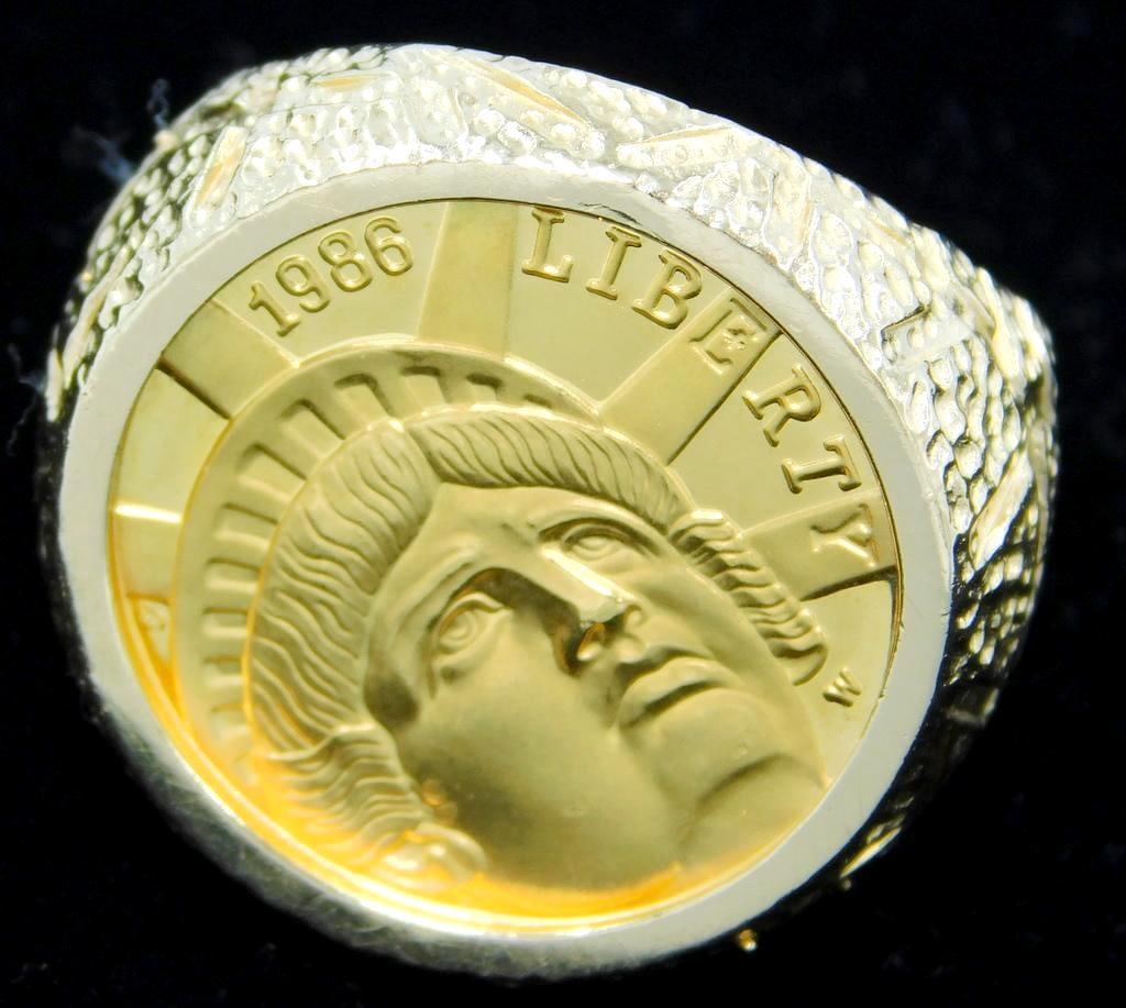 1986 W Statue of Liberty Gold $5 Coin Set In 10K Gold Men's Ring (1 of 7)