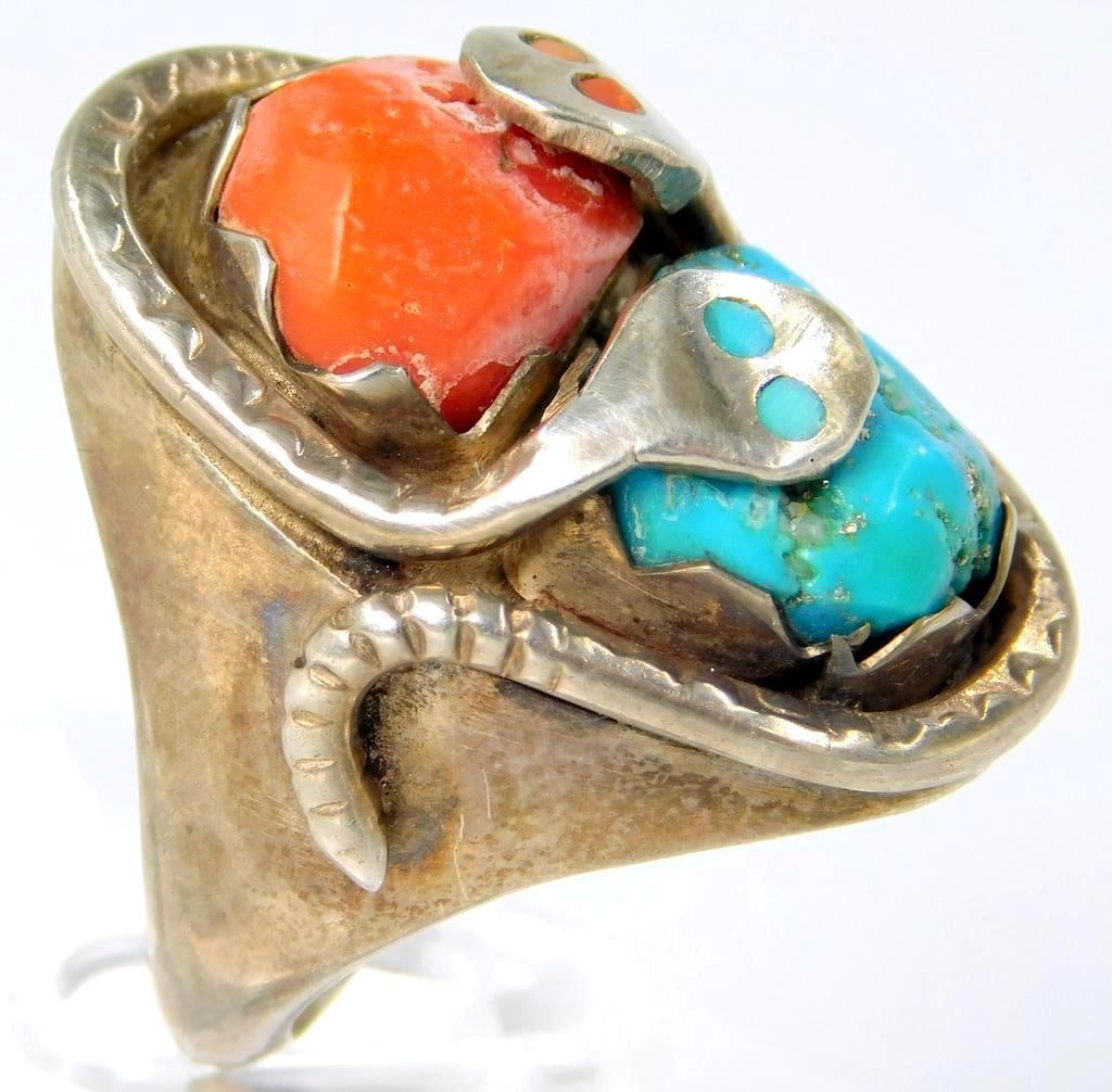 Vintage EFFIE C. ZUNI Double Snakes Turquoise Men's Sterling Silver Ring (1 of 8)