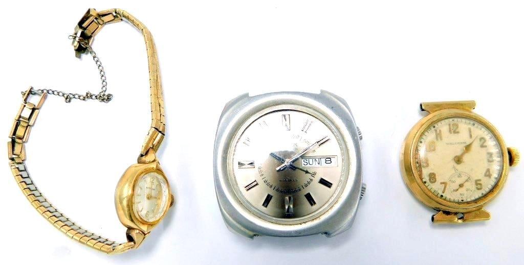 Grouping of Wristwatches: Three watches in this grouping as shown Each is not running Includes: - Gruen 17 Jewel men's watch, no band - Wittnauer ladies watch - Waltham 10k gold rolled plate case, hand has come loose as shown