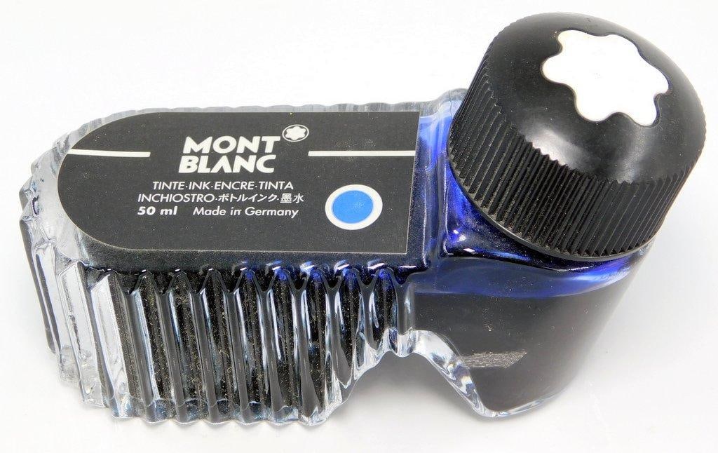 Mont Blanc 50 ml Inkwell Ink Bottle, Blue: Quality original ink Made in Germany Blue Glass bottle, classic look As shown it is roughly 75% full Sticker on bottom reads: 06042 Oct 11