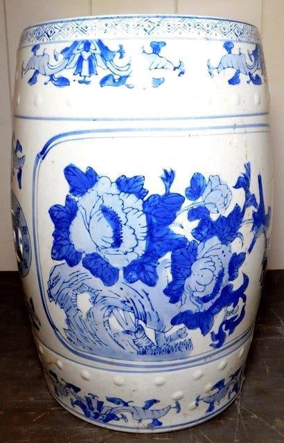Chinese Porcelain Blue and White Floral Garden Stool: Ready to add to your home, it shows so well Raised porcelain and pierced design at top and sides No chips or cracks seen Condition is consistent with age and use Excellent vintage condition Measures 1