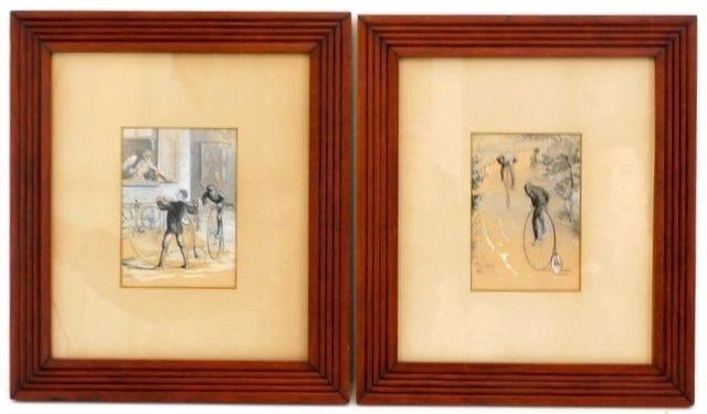 Pair of Framed Antique High-Wheel Bicycle Slat-back Artworks: Great looking set Each is framed, matted with glass Artist signed in lower left of each Unknown artists to us, even after much research Pennyfarthing High-Wheel Bicycles (Bone Shaker Bicycles) sh
