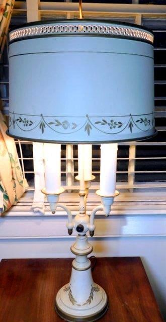 Pair of White Metal Lamps plus Floor Lamp: Measures 28 inches and 56 inches to top of finials See lot 224 for similar and smaller white metal lamp