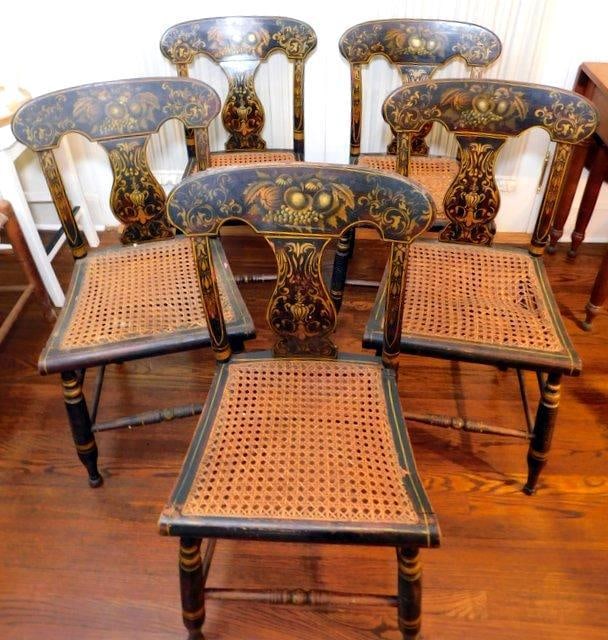 Grouping of Matching Stenciled Caned Wood Dining Table Chairs, (5) (1 of 8)