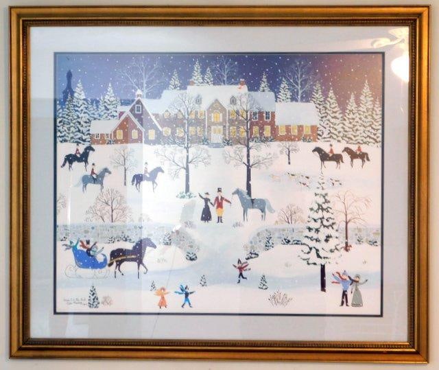 Cate Mandigo Signed and Numbered Print, Home From the Hunt: Beautiful signed and numbered piece as shown Adirondack Artist Framed and matted 296/500 numbed and signed in pencil lower left View photos, it shows well Measures 38-1/2 inches W x 32-1/4 W framed