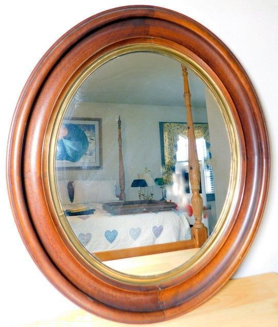 Antique Slat-back Oval Mirror and Rectangular Mirror: Both are older, possibly antique mirrors Thick frames to each as shown, very nice One slat is loose Glass is damage free in both Both for one money Measures 29-3/4 inches T Rectangular mirror measures