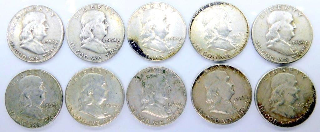 Franklin Half Dollar Silver Coins Grouping, (10) (1 of 11)