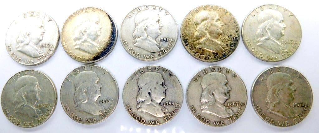 Franklin Half Dollar Silver Coins Grouping, (10) (1 of 11)