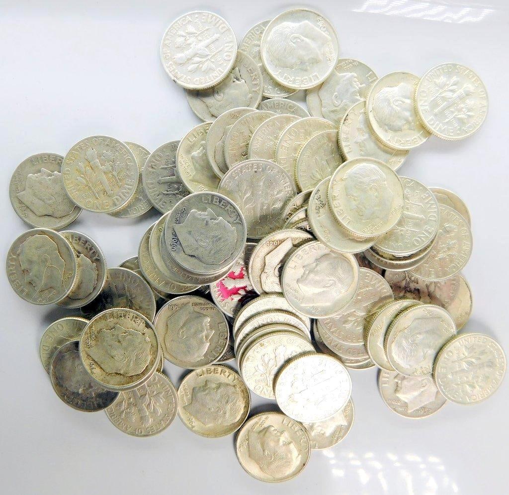 Pile of Loose Roosevelt Silver Dimes (1 of 11)