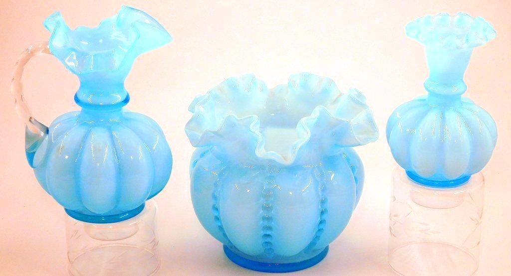 Fenton Melon-style Blue Glass Decorative Pieces, (3) (1 of 4)
