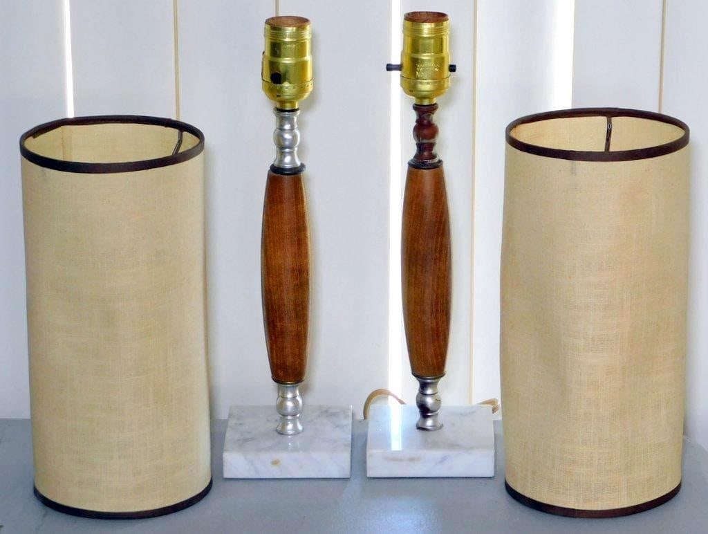 Pair of Mid-Century Modern Table Lamps w/Marble Bases and Cylindrical Shades (1 of 2)