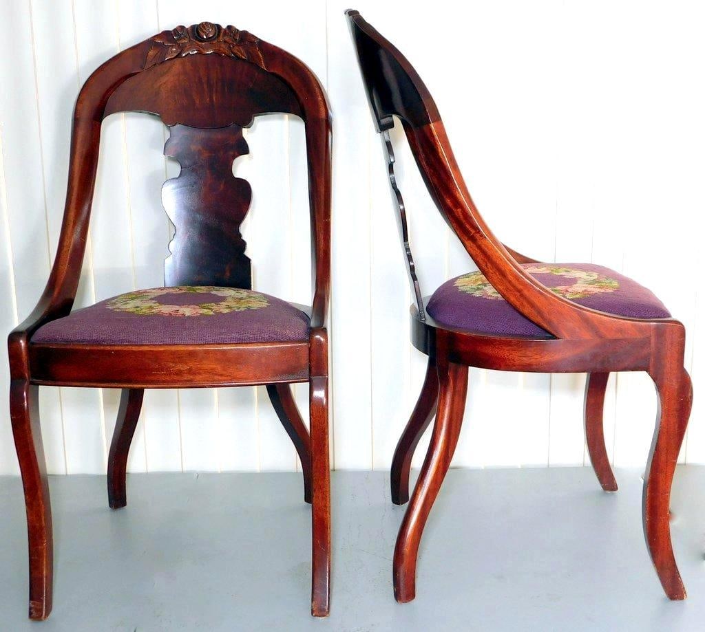 Set of Two Antique Wooden Chairs w/ Decorative Needlepoint Seats (1 of 14)