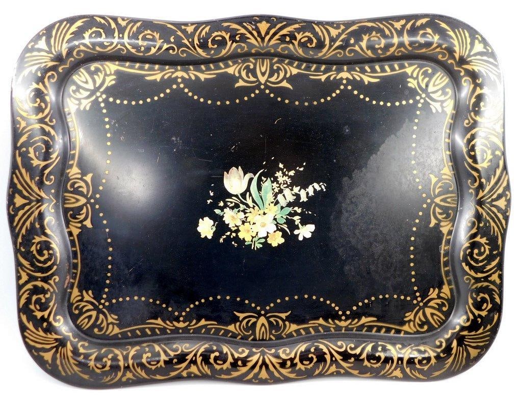 Large Black Handpainted Metal Toleware Floral Botanical Mid Century Serving Tray (1 of 8)
