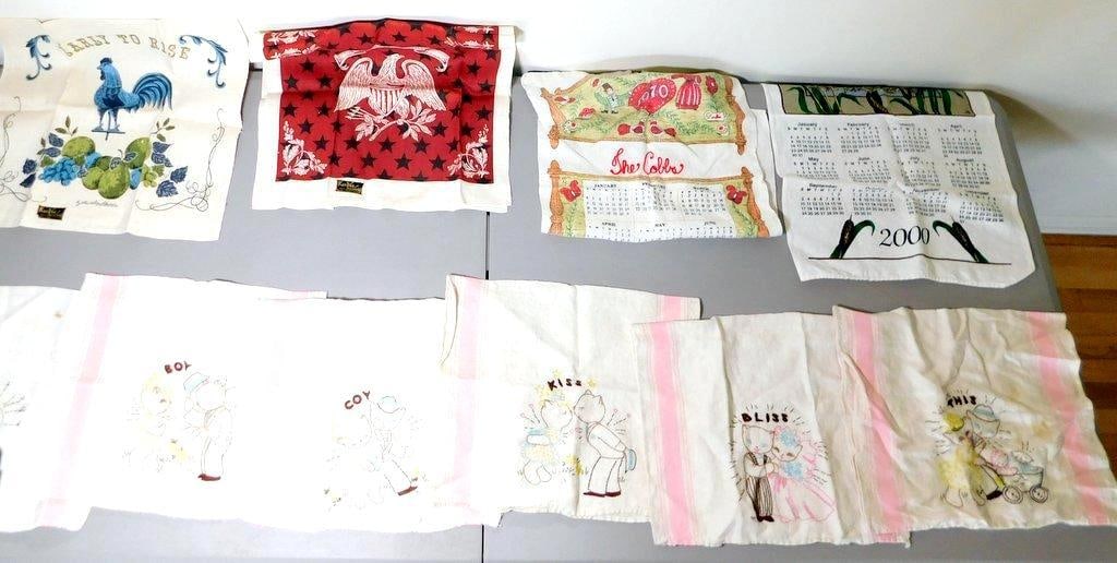 Collection of Decorative Linen Tea Towels and Embroidered Cloths by Kay Dee: A collection of vintage and decorative linen textiles including tea towels and embroidered cloths The set features hand-printed pieces by Kay Dee, made from 100% pure linen, with designs such as Early