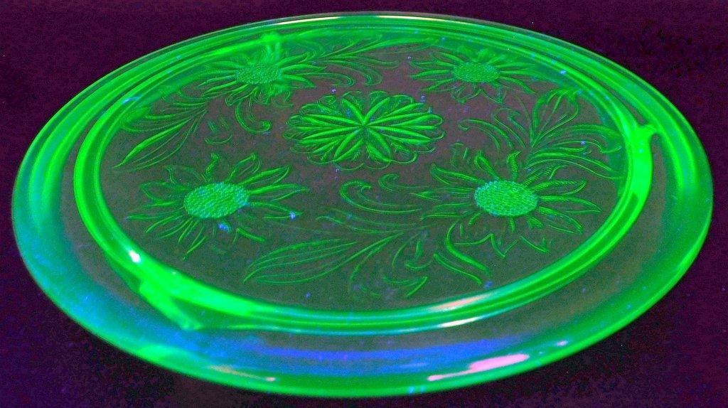 Jeanette Uranium Glass Cake Plate w/ Floral Design (1 of 4)