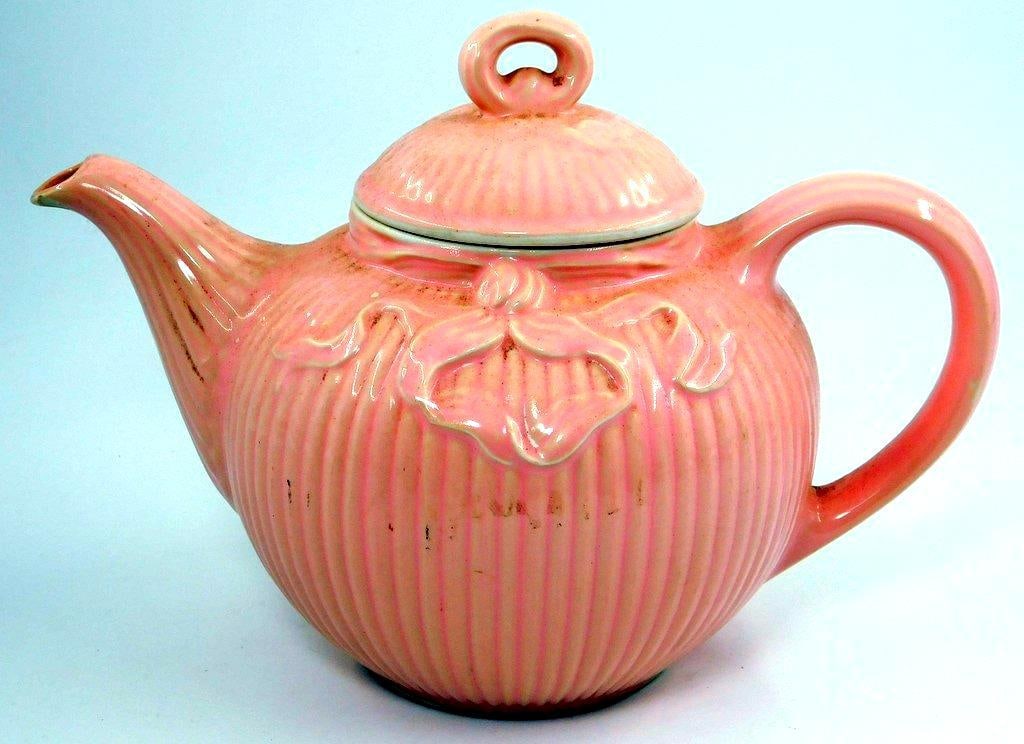Hall China Pink Ribbed Ceramic Teapot w/ Floral Accent (1 of 5)