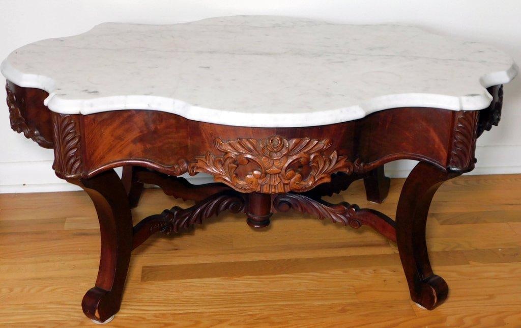 Antique Wooden Coffee Table w/ Marble Top and Ornate Carvings (1 of 8)