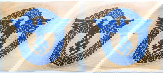 German WWII Police Cloth Sports Shirt Eagles, Two (2): Machine embroidered cloth woven bevo cotton construction. Uncut from a roll. Measure 4 3/8 inches wide by 4 inches tall. 