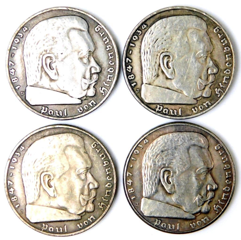 German WWII Chancellor Paul von Hindenburg 5 Mark Silver Coins, Four (4): Excellent condition. Die-struck construction Front reads Paul von Hindenburg 1847 1934 Shows a bust profile image in the center Reverse shows a German eagle clutching a swastika in his talons in the c