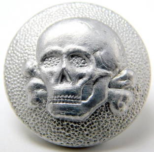 Waffen SS VT Overseas Cap Button Insignia: Excellent condition. Two-piece nickel construction plus the shank. This was to have been worn on the front of the overseas cap. Measures 7/8 inches in diameter. 