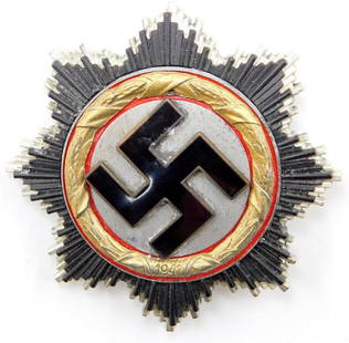 World War II German Cross in Gold: Five-piece four-domed rivet die-struck nickel and brass construction with black enamel. Awarded for gallantry in combat action above and beyond the call of duty. Front shows a black enameled swastika