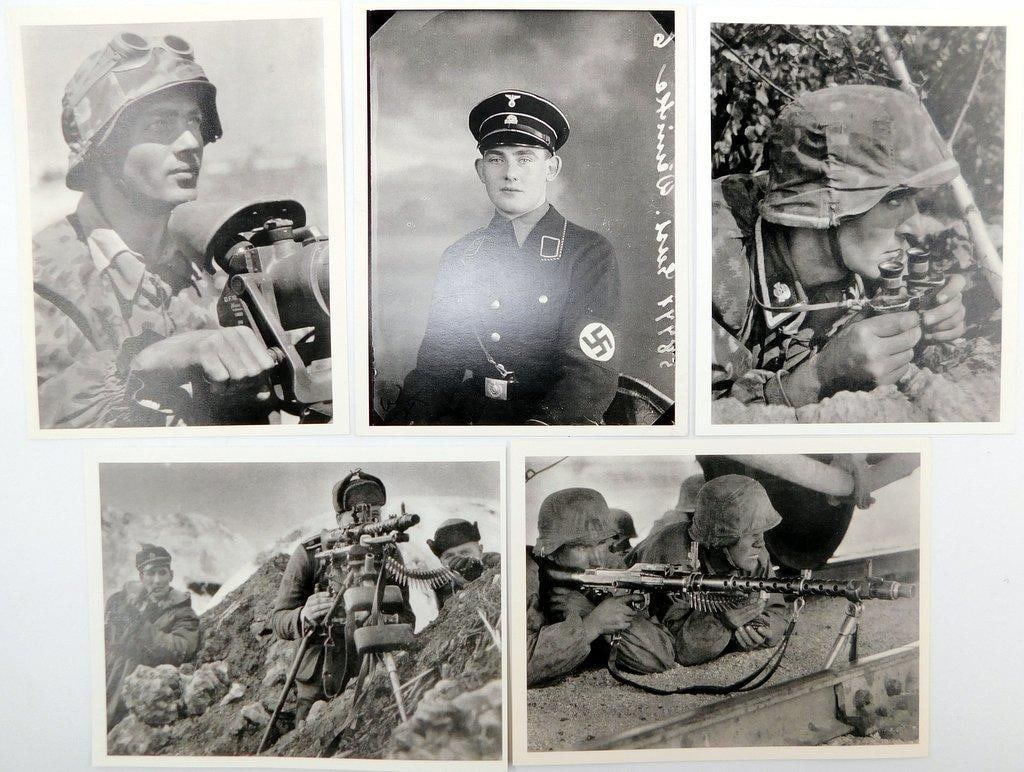 Waffen SS Soldier Postcards, Five (5): Printed on postcard stock paper construction. Includes: Waffen SS combat soldiers with machine gun; Waffen SS soldier with field binoculars; Waffen SS soldiers manning machine gun; Allgemeine SS 
