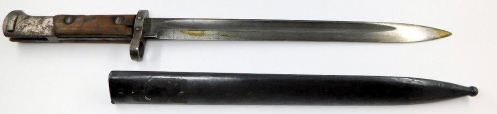 German Czech WWII Mauser K-98 Combat Rifle Bayonet and Scabbard: Excellent plus condition on this very fine German Czechoslovakian combat bayonet. Measures 17 9/16 inches long overall. Blued steel blade is maker-marked V CSZ C. Measures 7/8 inches wide by 11 11/16 