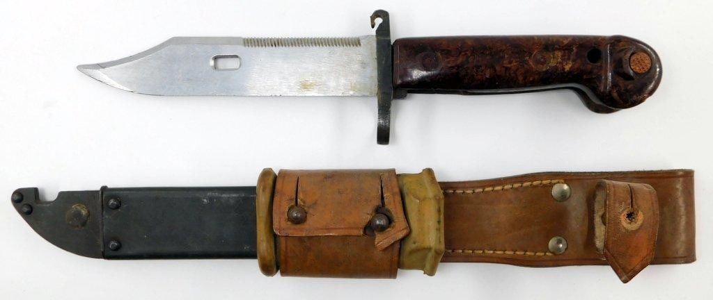 Vietnam Era Viet Cong VC / NVA AK 47 MG Bayonet and Scabbard: This was for the AK 47 machine gun. Includes the leather belt frog. Measures 13 1/4 inches long overall. Bayonet blade measures 1 5/16 inches wide by 5 7/8 inches long. Steel scabbard measures 1 3/8 i