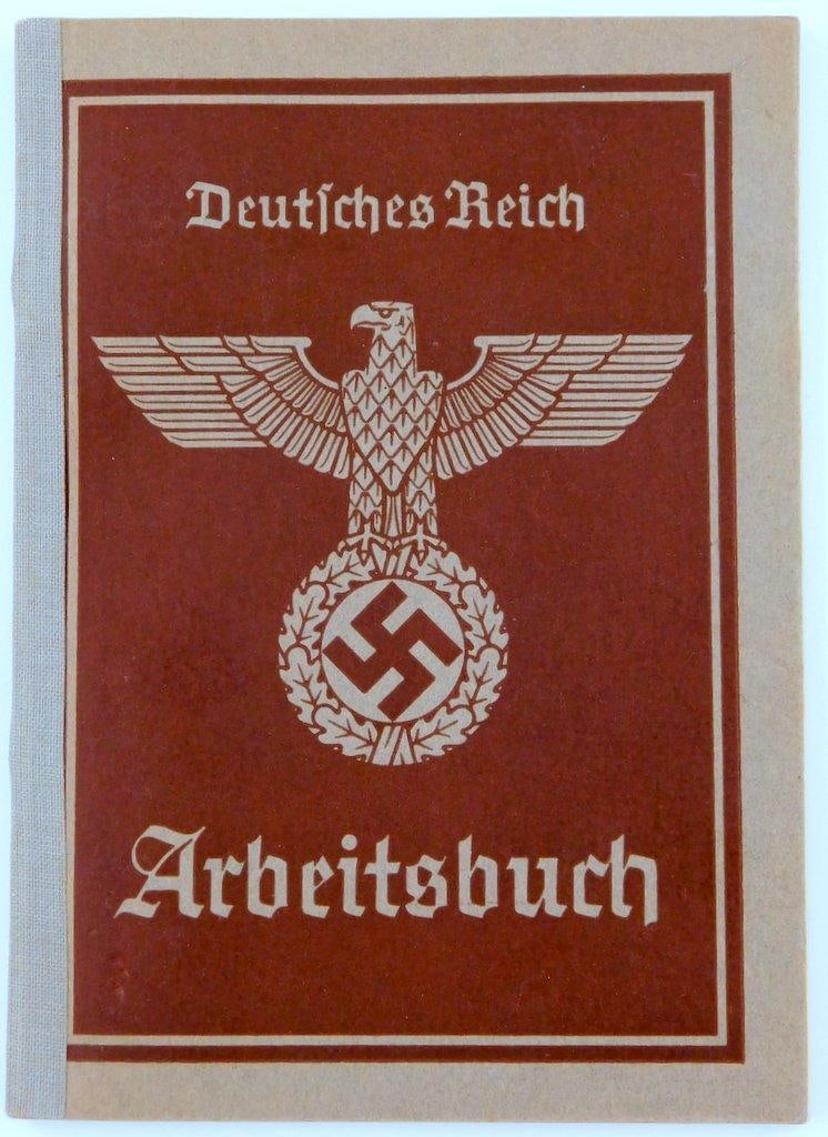 Deutsches Reich Arbeitsbuch ID Book: Printed paper construction. Contains 32 pages. Front shows a German eagle clutching a swastika in his talons. Reads Deutsches Reich Arbeitsbuch. The booklet is named to Lisa Sadler. Some of the entrie