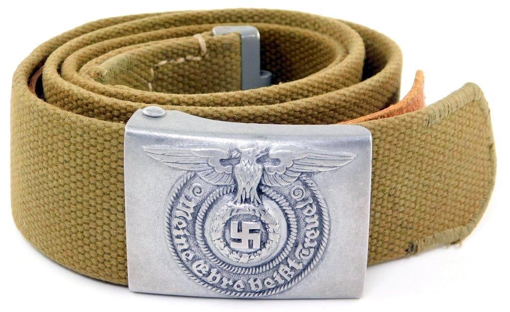 Waffen SS Schutz Staffel Tropical EM Belt and Buckle: Die-struck stamped steel construction for an enlisted man. Front shows a Waffen SS eagle clutching a swastika. Reads Meine Ehre heist Treue! (My Honor is Loyalty!). Reverse is maker-marked RZM 822/37 